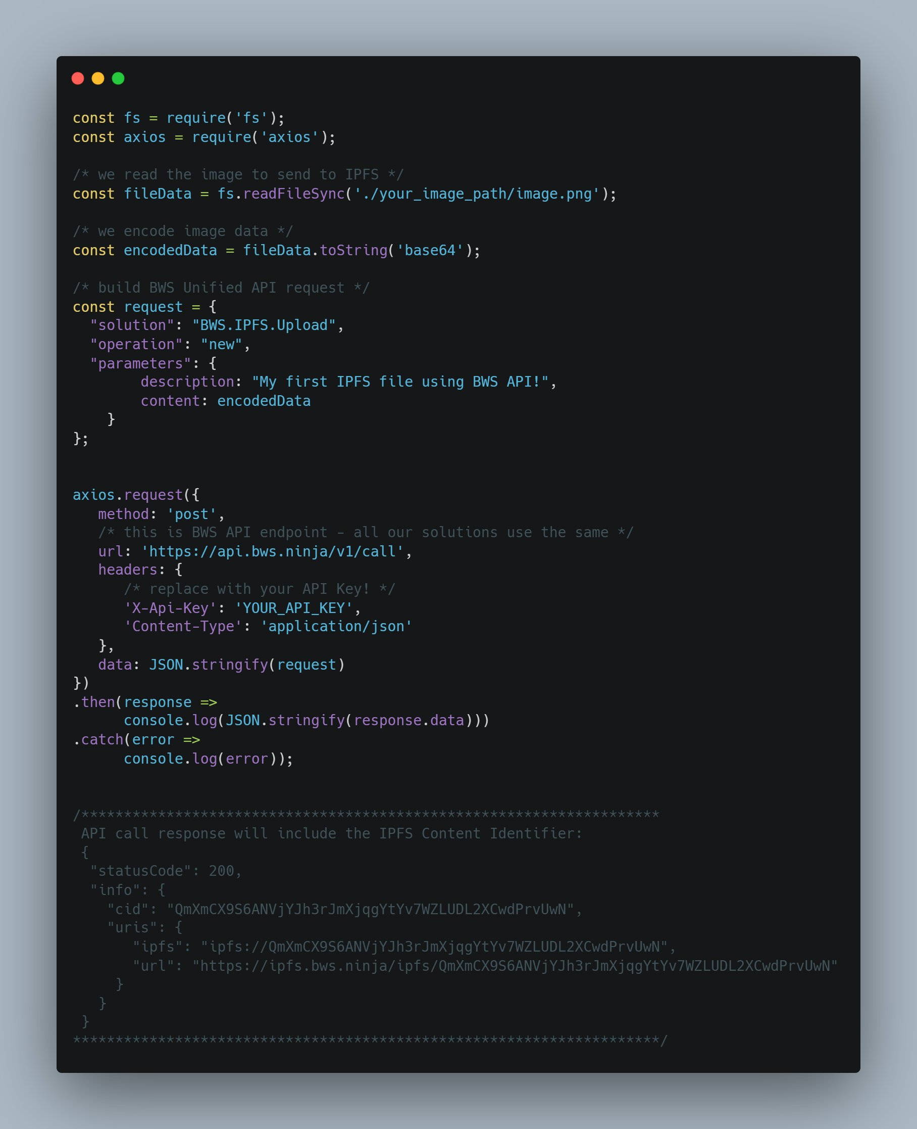 A source code snapshot showing how to send a file to IPFS through the BWS platform API.